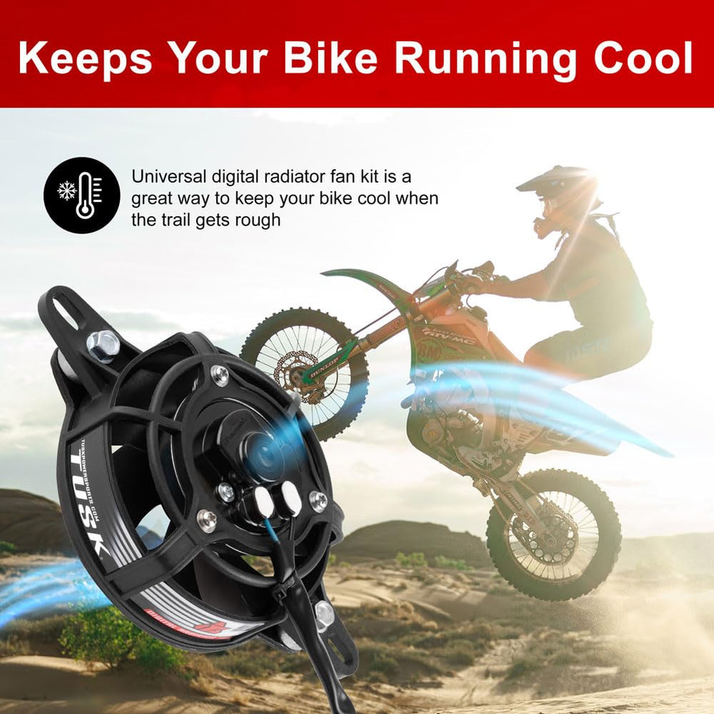 TUSK Digital Radiator Fan Kit side profile highlights universal mounting compatibility for bikes and ATVs.