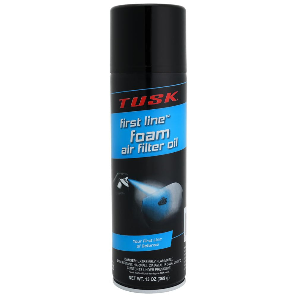 TUSK First Line foam oil bottle pouring on a foam filter to boost dust capture.