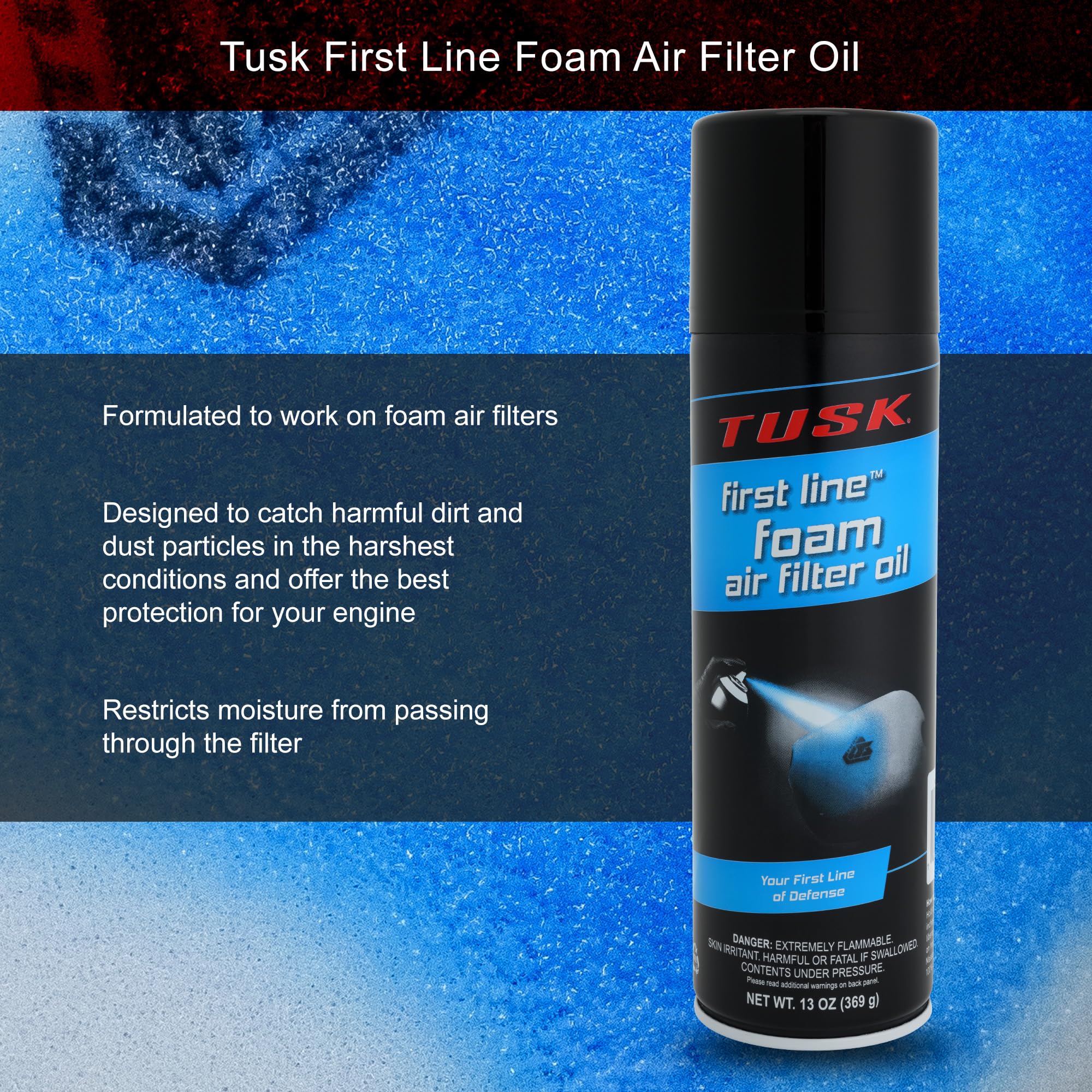 TUSK First Line foam oil coverage on a filter showing protective layer.