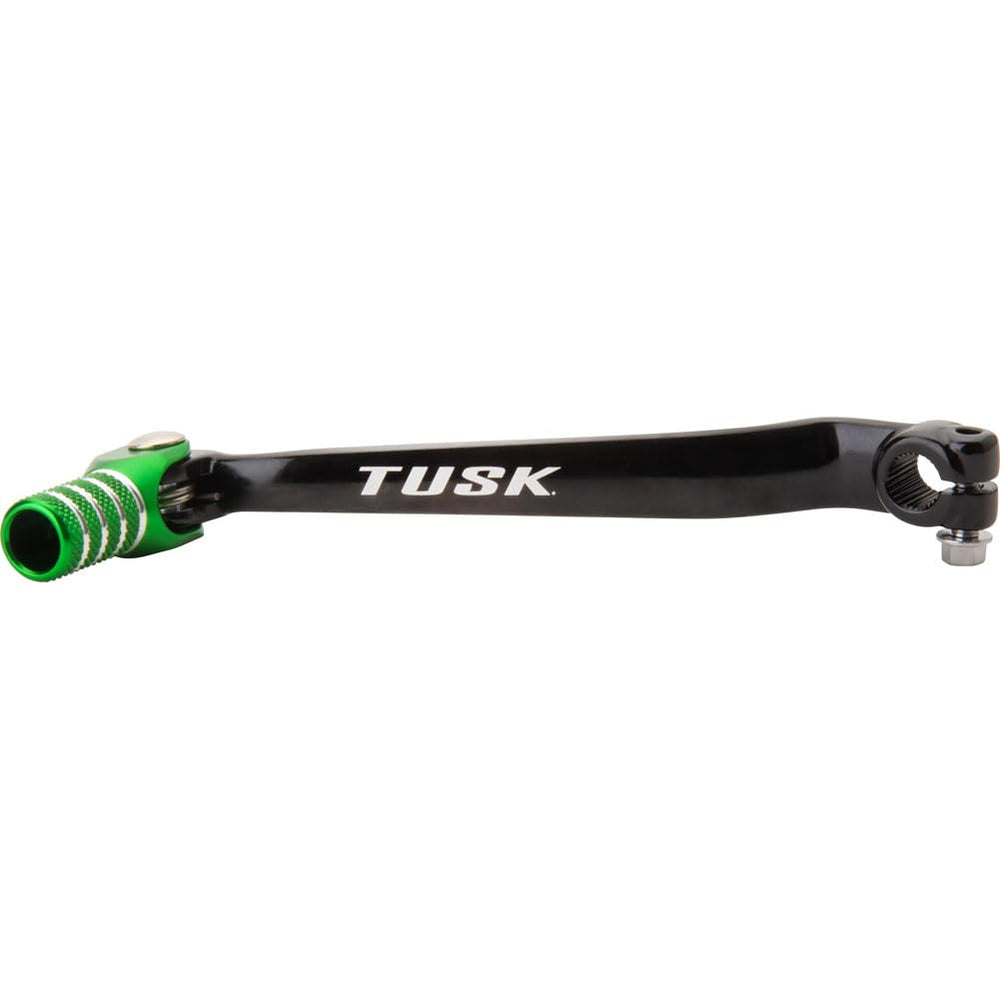 TUSK folding shift lever with black/green tip for Kawasaki KLX300 enhances durability and control.