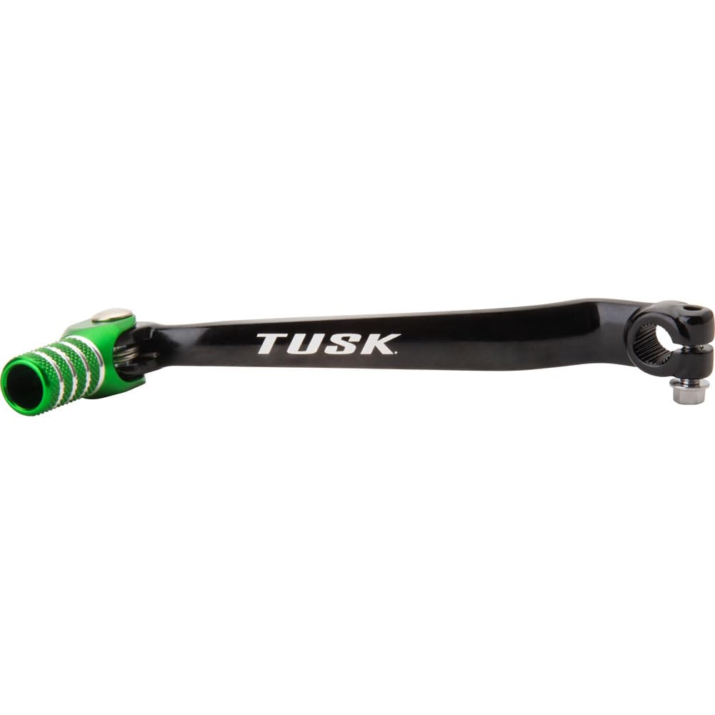 TUSK folding shift lever with black/green tip for Kawasaki KLX300 enhances durability and control.