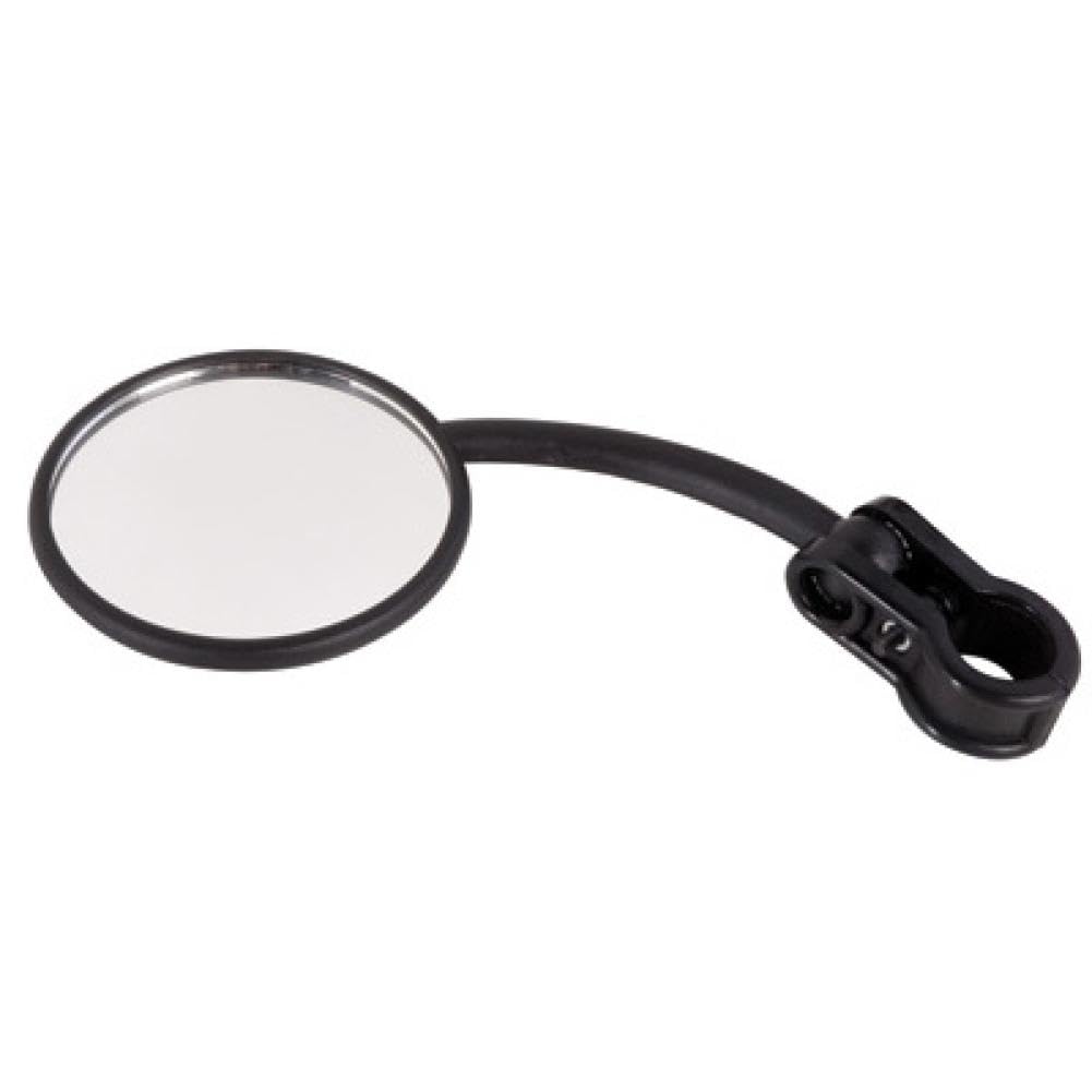 Tusk left-hand dual sport mirror on handlebars enhances rear visibility for street and trail rides.