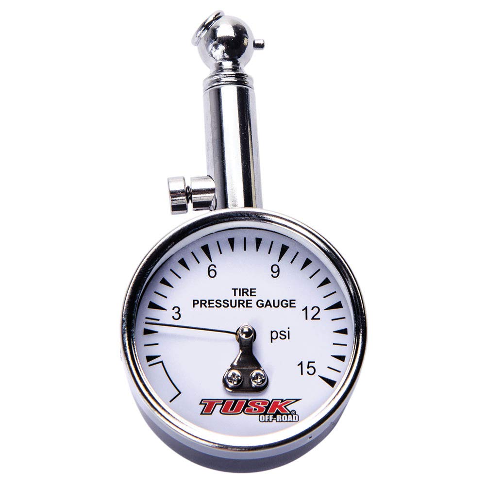 Tusk low pressure dial tire gauge analog dial helps quick ATV, UTV, and motorcycle tire checks.