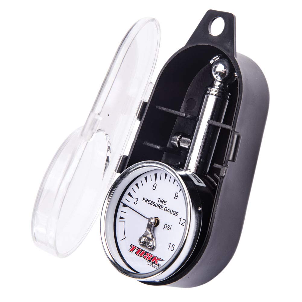 Tusk low-pressure dial tire gauge compact case enables easy storage in toolboxes.