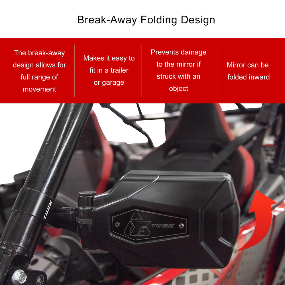TUSK pivot mirror rear-view with A-pillar mounts boosts rear visibility on rugged trails.