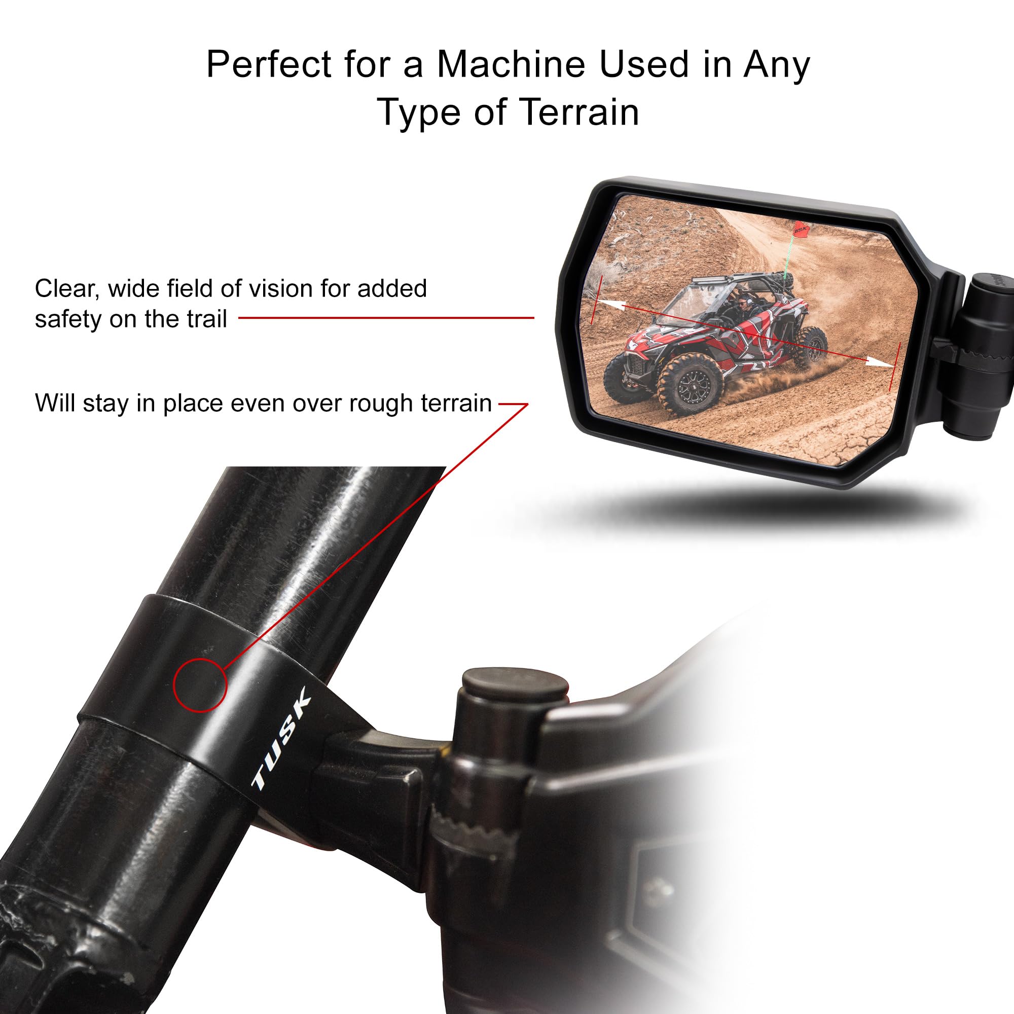 TUSK UTV mirror side view highlights wide-angle visibility for safer navigation.