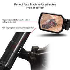 TUSK UTV mirror side view highlights wide-angle visibility for safer navigation.