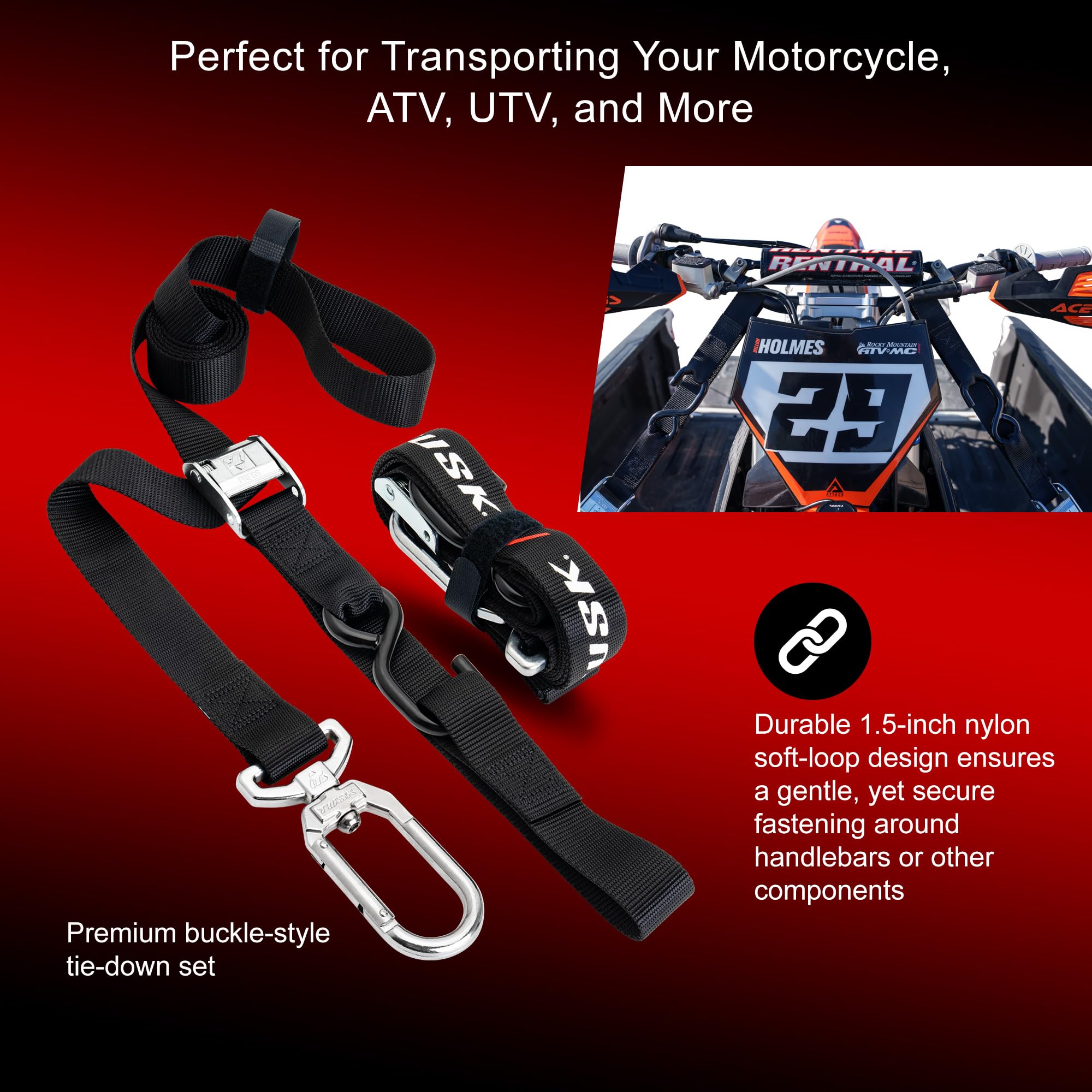 Tusk soft-loop nylon tie-down protects handlebars during securement