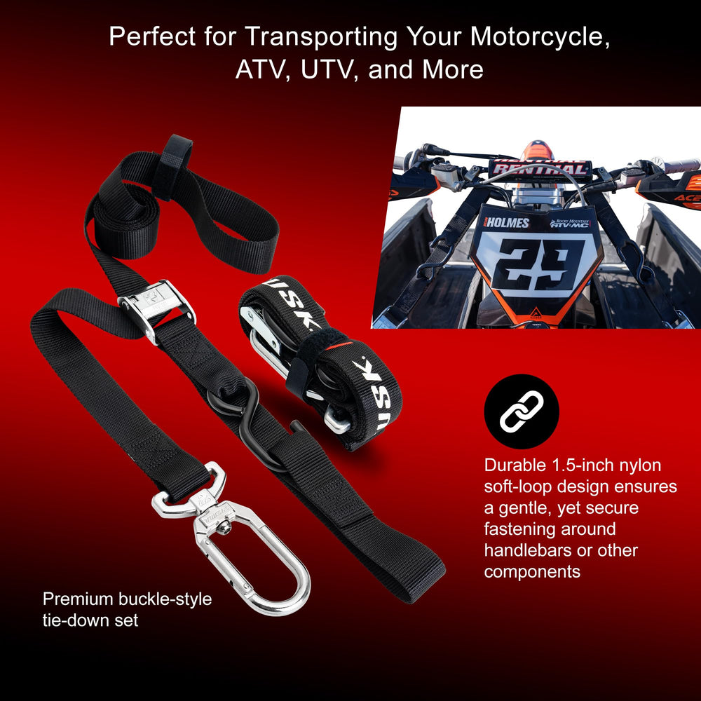 Tusk soft-loop nylon tie-down protects handlebars during securement