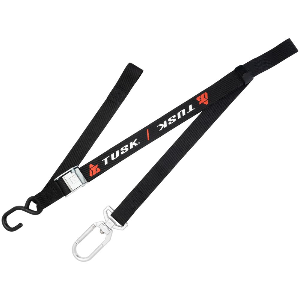 Tusk tie-down with swivel-hook securely attaches for motorcycle transport