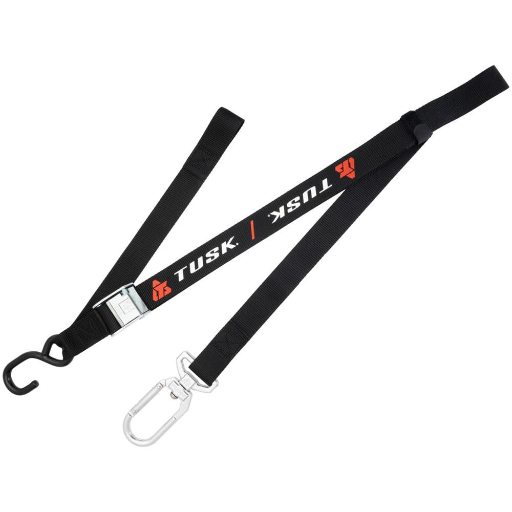 Tusk tie-down with swivel-hook securely attaches for motorcycle transport