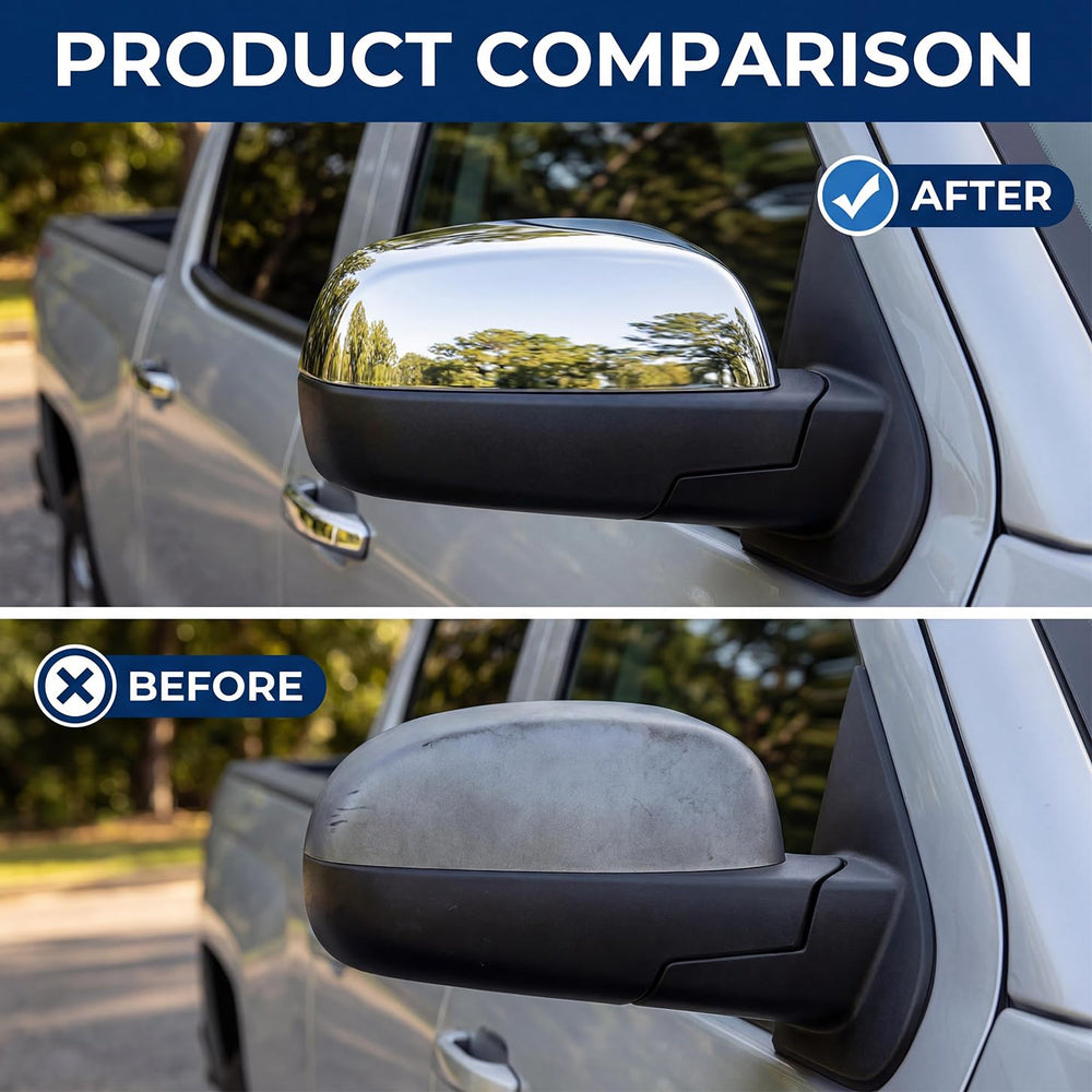 Tutor Auto chrome side view mirror covers top half on GMC Sierra easy installation