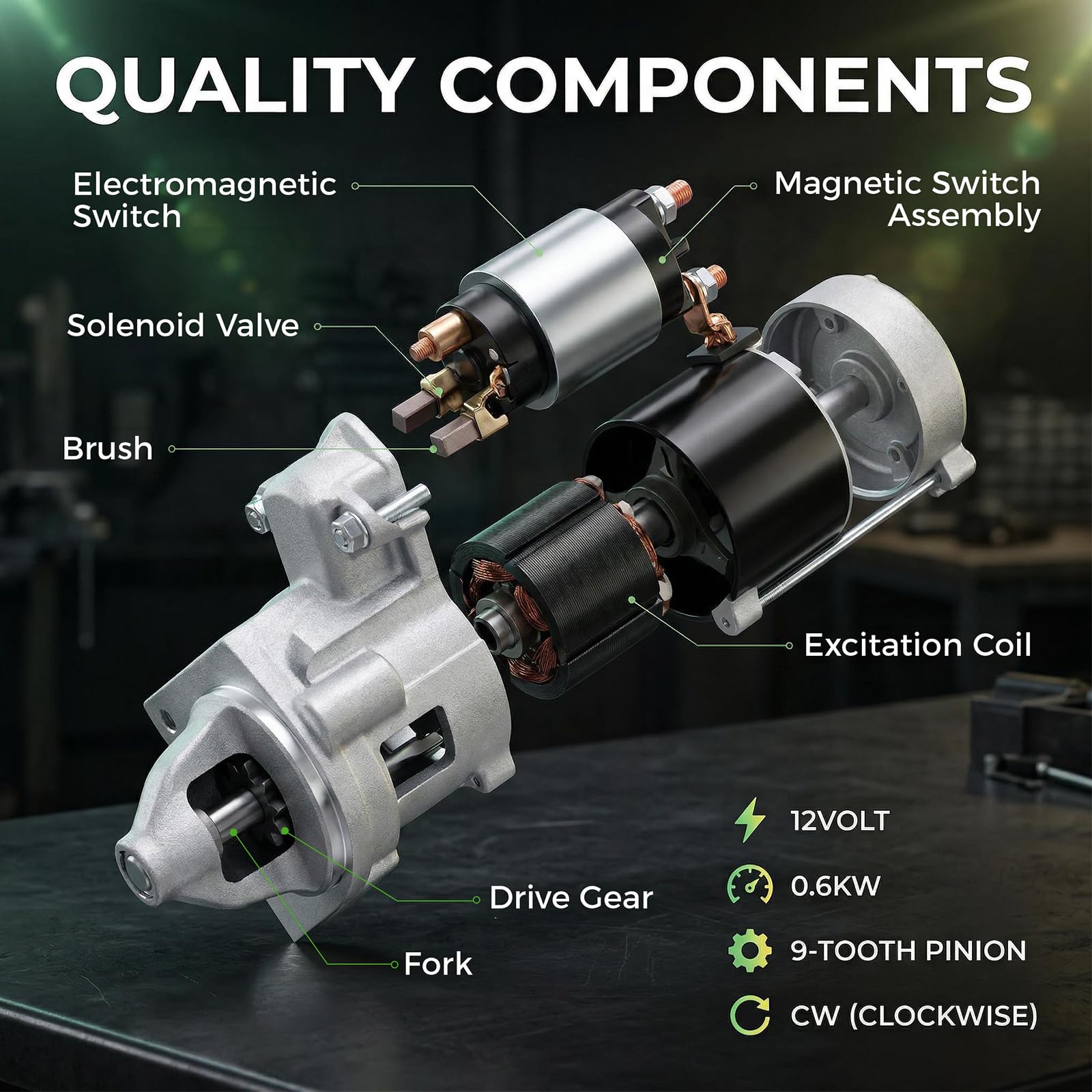 12V, 0.6KW 17628N starter motor for efficient starts on compact equipment.