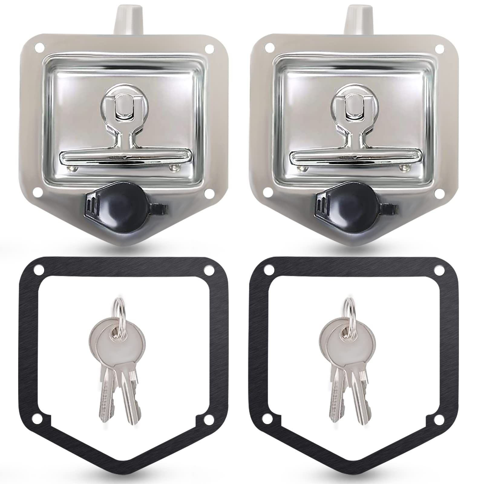 Tutor Auto T-Handle latch in polished stainless steel for rugged truck storage.
