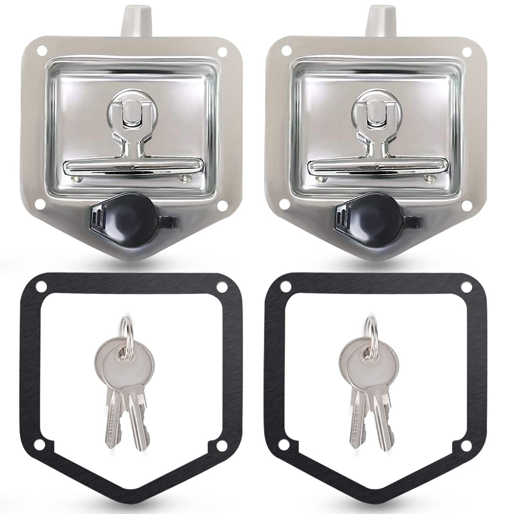 Tutor Auto T-Handle latch in polished stainless steel for rugged truck storage.