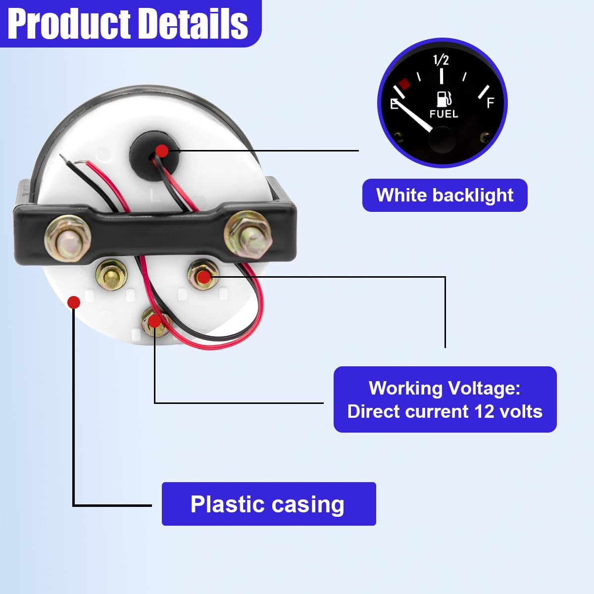 Tuxihapp 12V dash gauge shown for reliable night visibility.