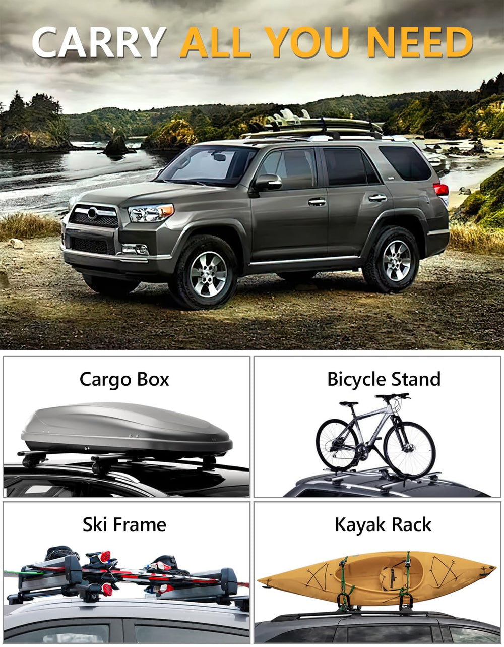 300 lb weight capacity supports kayaks, ladders, and rooftop cargo.