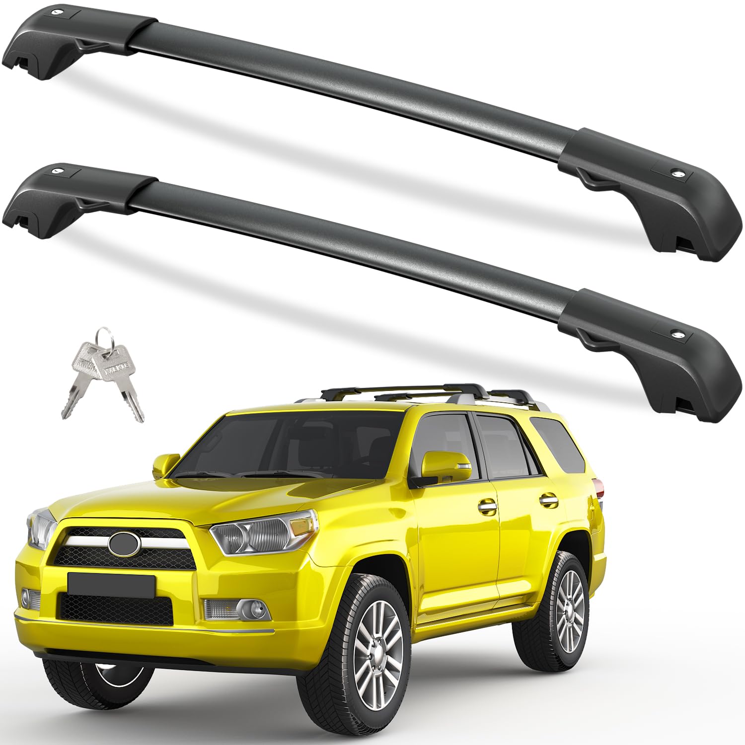 Tuyoung lockable roof rack crossbars installed on a 4Runner for secure cargo.