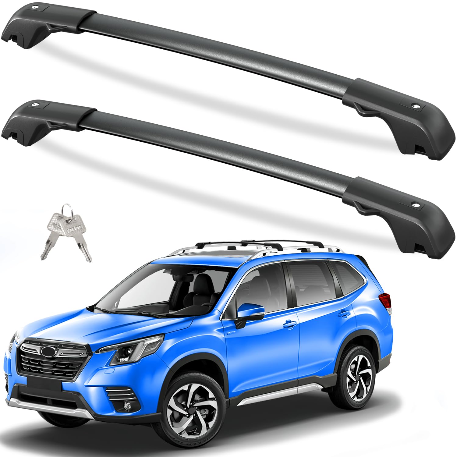Tuyoung roof rack cross bars installed on a Forester with raised rails for secure cargo.