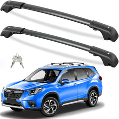 Tuyoung roof rack cross bars installed on a Forester with raised rails for secure cargo.