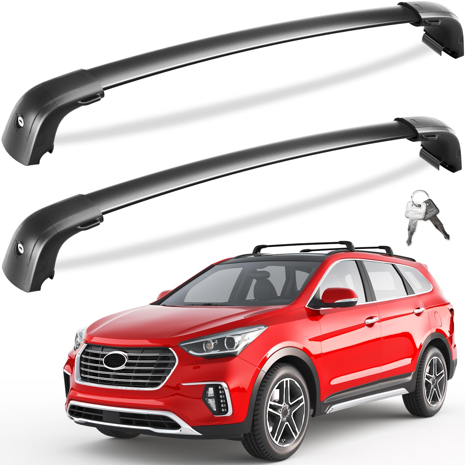 Tuyoung roof rack cross bars on Hyundai Santa Fe with flush rails for secure cargo setup.