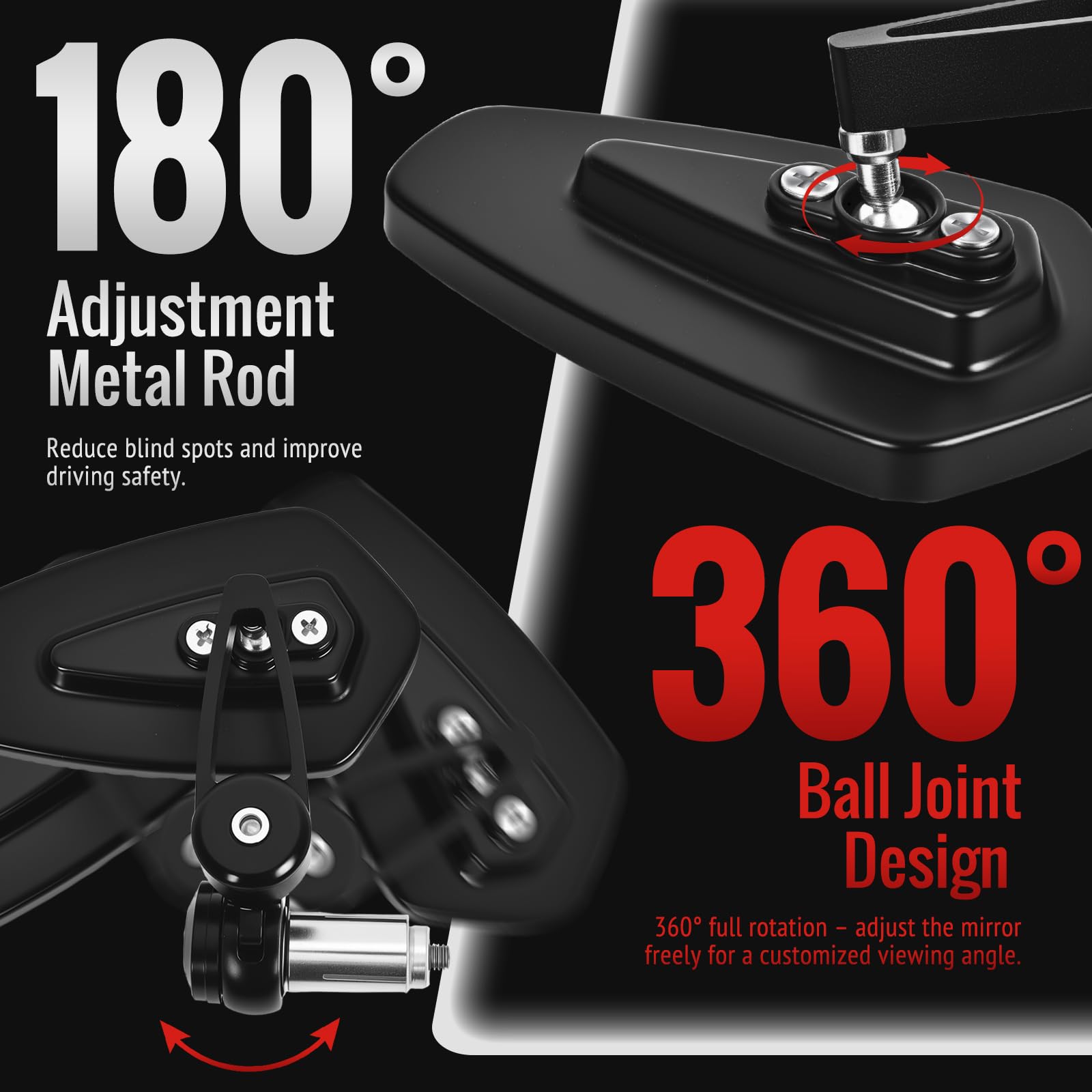 Tvitano bar end mirror with 360-degree ball joint for flexible vision
