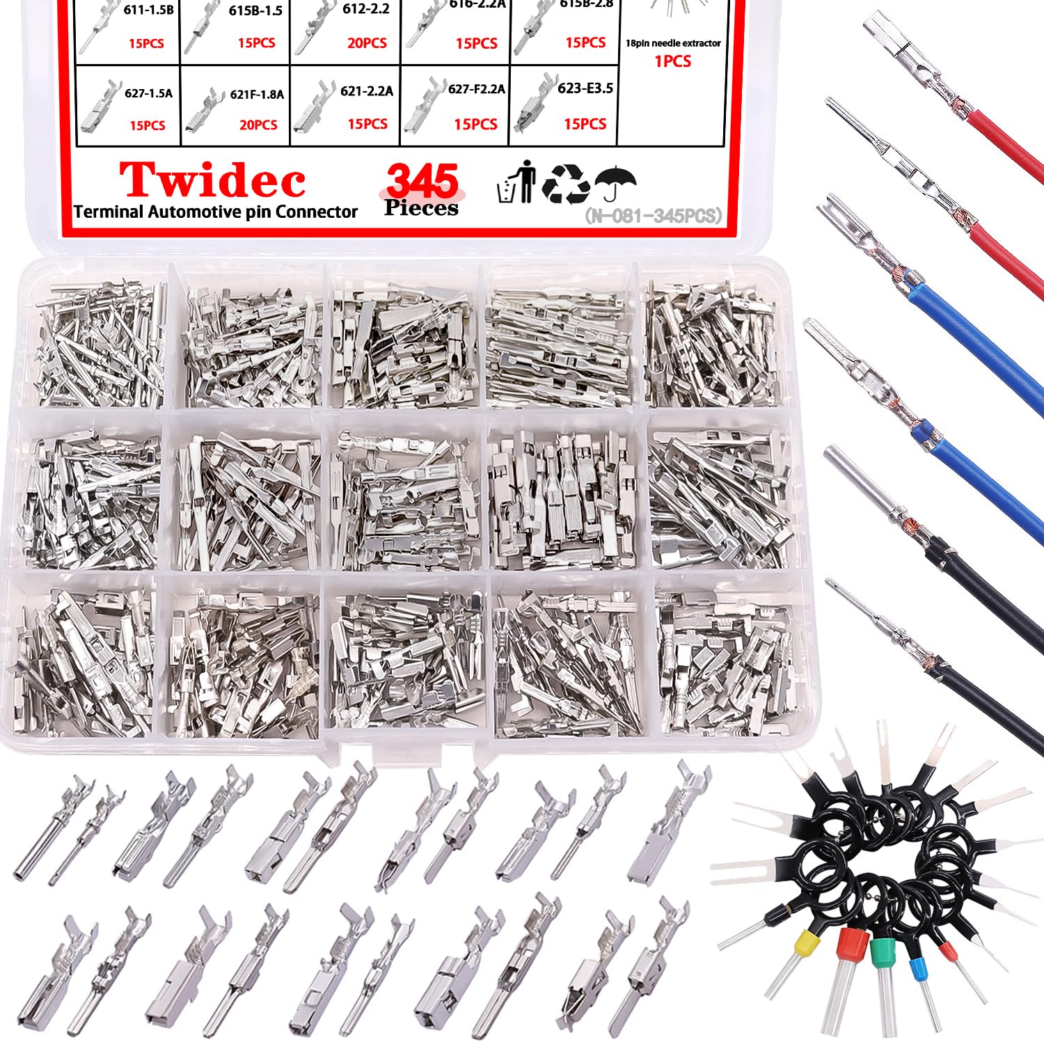 Twidec 345Pcs terminal pins kit for versatile automotive wiring applications.