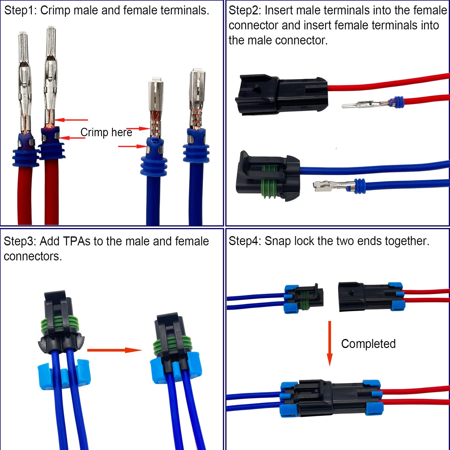 Twippo 14-12 AWG connector with male and female terminals for easy crimping.