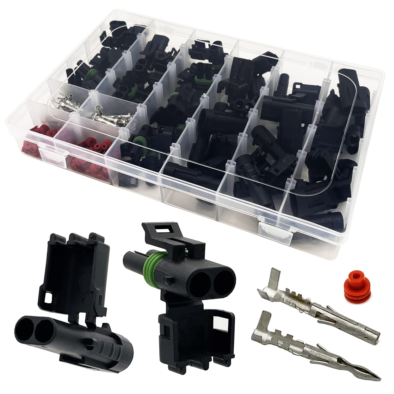 Twippo 20-kits 2-pin weather-pack connectors close-up with seals for automotive wiring.