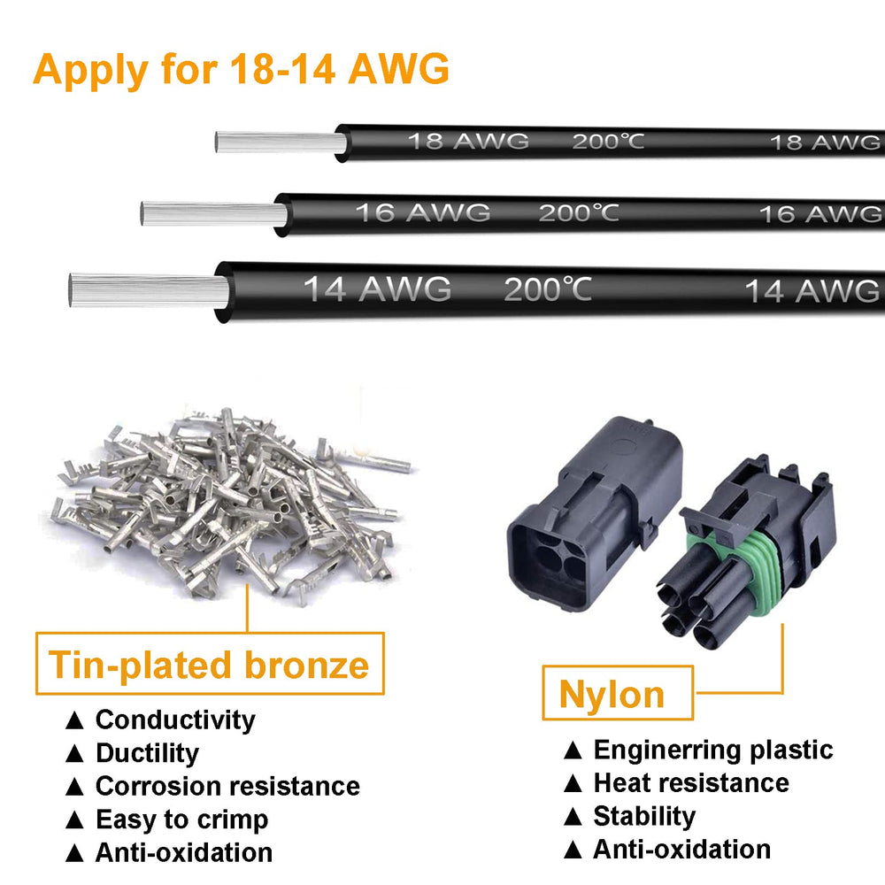 Copper-plated 2-pin connectors improve conductivity and secure crimping.
