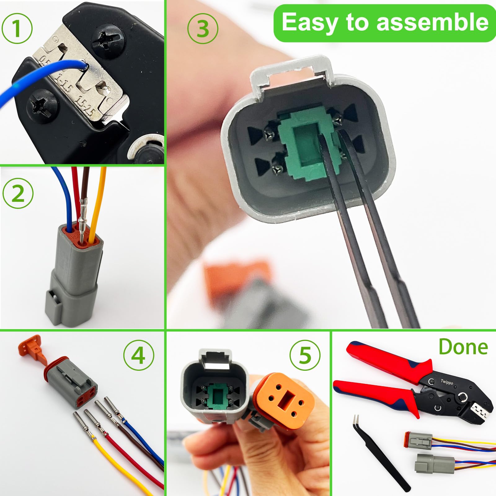 Twippo wedge-lock design secures contacts firmly in the housing.