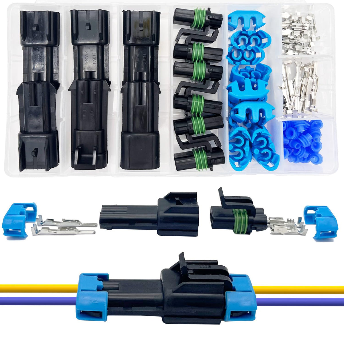 Twippo WeatherPack 2Pin connector set for durable automotive wiring.