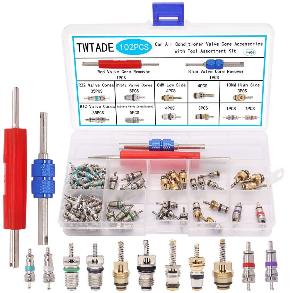 TWTADE 102pcs valve core kit in a labeled box for easy car AC maintenance.