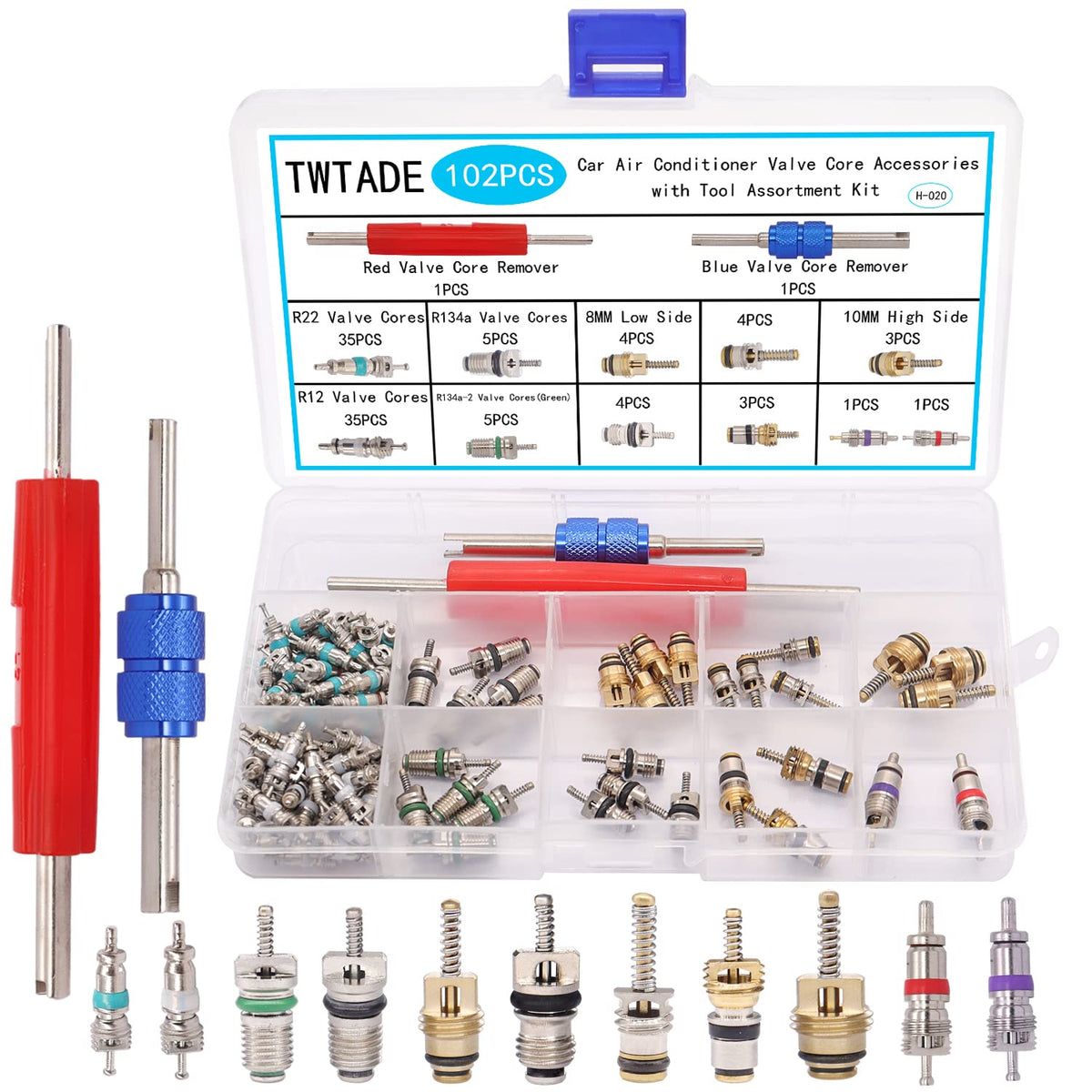TWTADE 102pcs valve core kit in a labeled box for easy car AC maintenance.