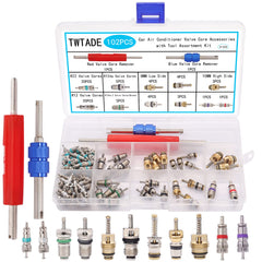 TWTADE 102pcs valve core kit in a labeled box for easy car AC maintenance.