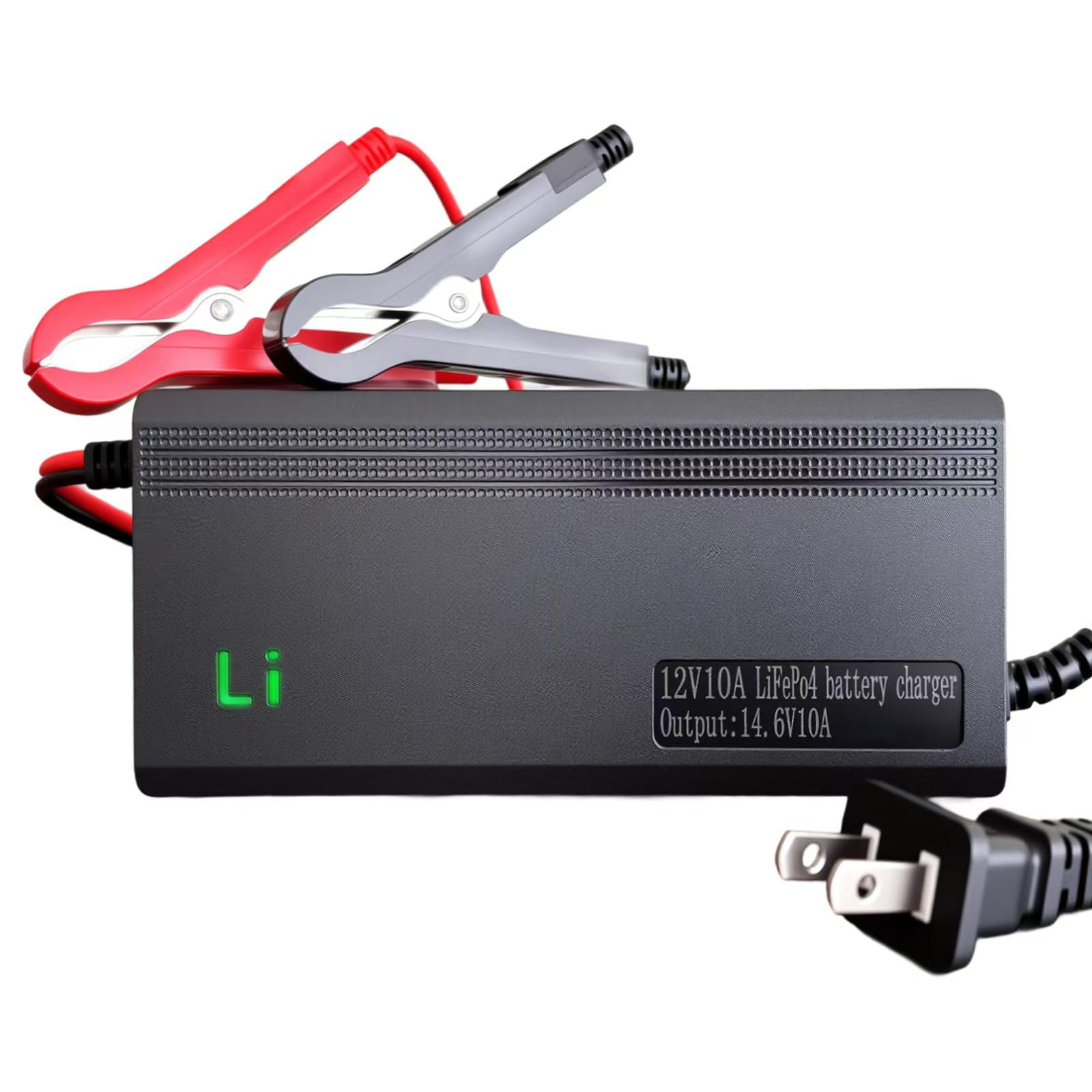 tyeloftute 14.6V 10A LiFePO4 charger front view for portable 12V charging
