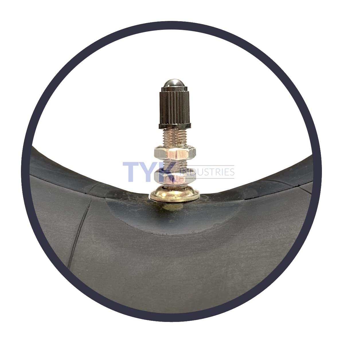 TYK Industries TR6 valve stem close-up shows straight metal design.