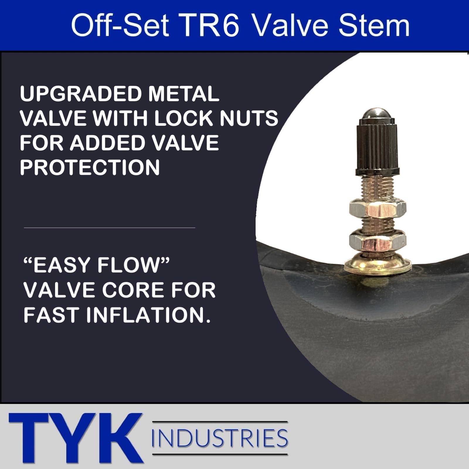 TYK Industries TR6 valve stem with lock nut close-up for trail protection.