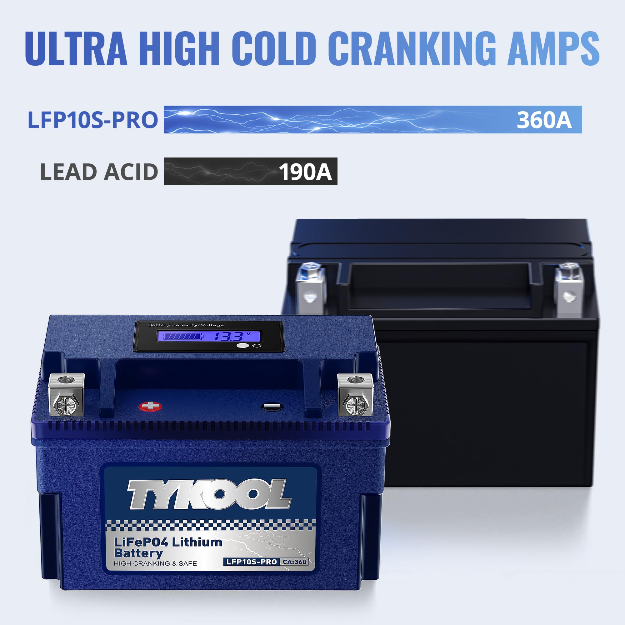 TYKOOL LFP10S-PRO shown with weight comparison to lead-acid batteries.