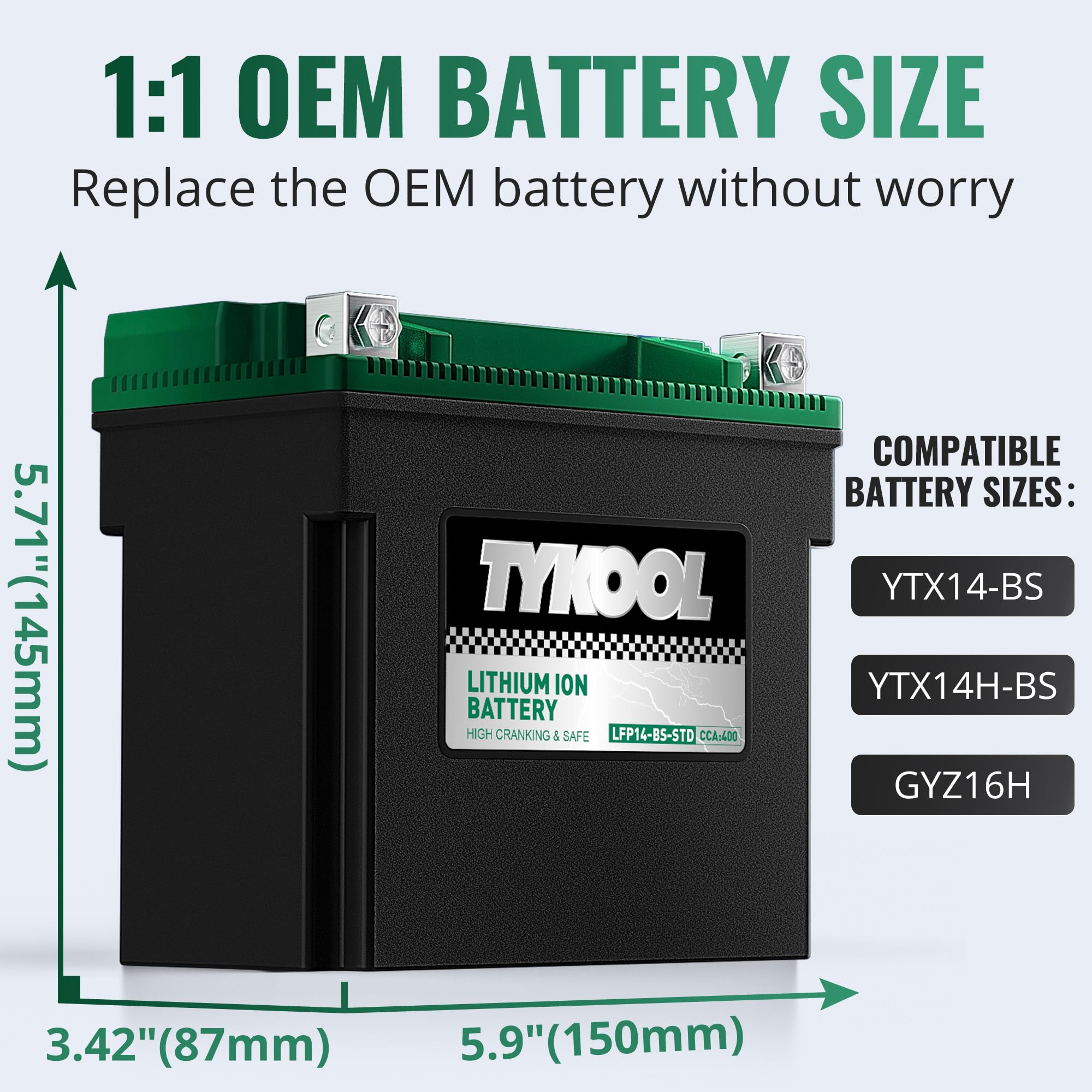 TYKOOL LFP14-BS-STD battery LCD readout close-up for quick voltage checks
