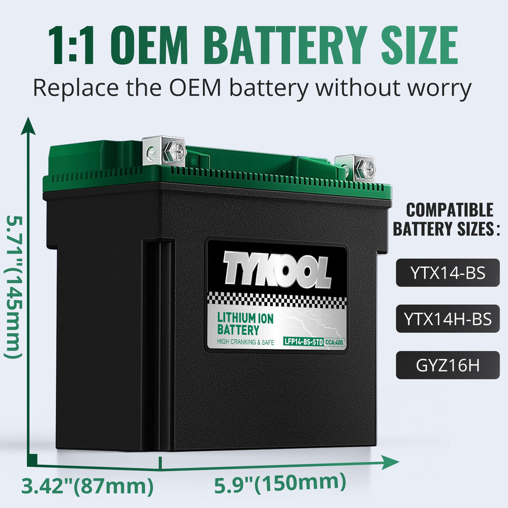 TYKOOL LFP14-BS-STD battery LCD readout close-up for quick voltage checks