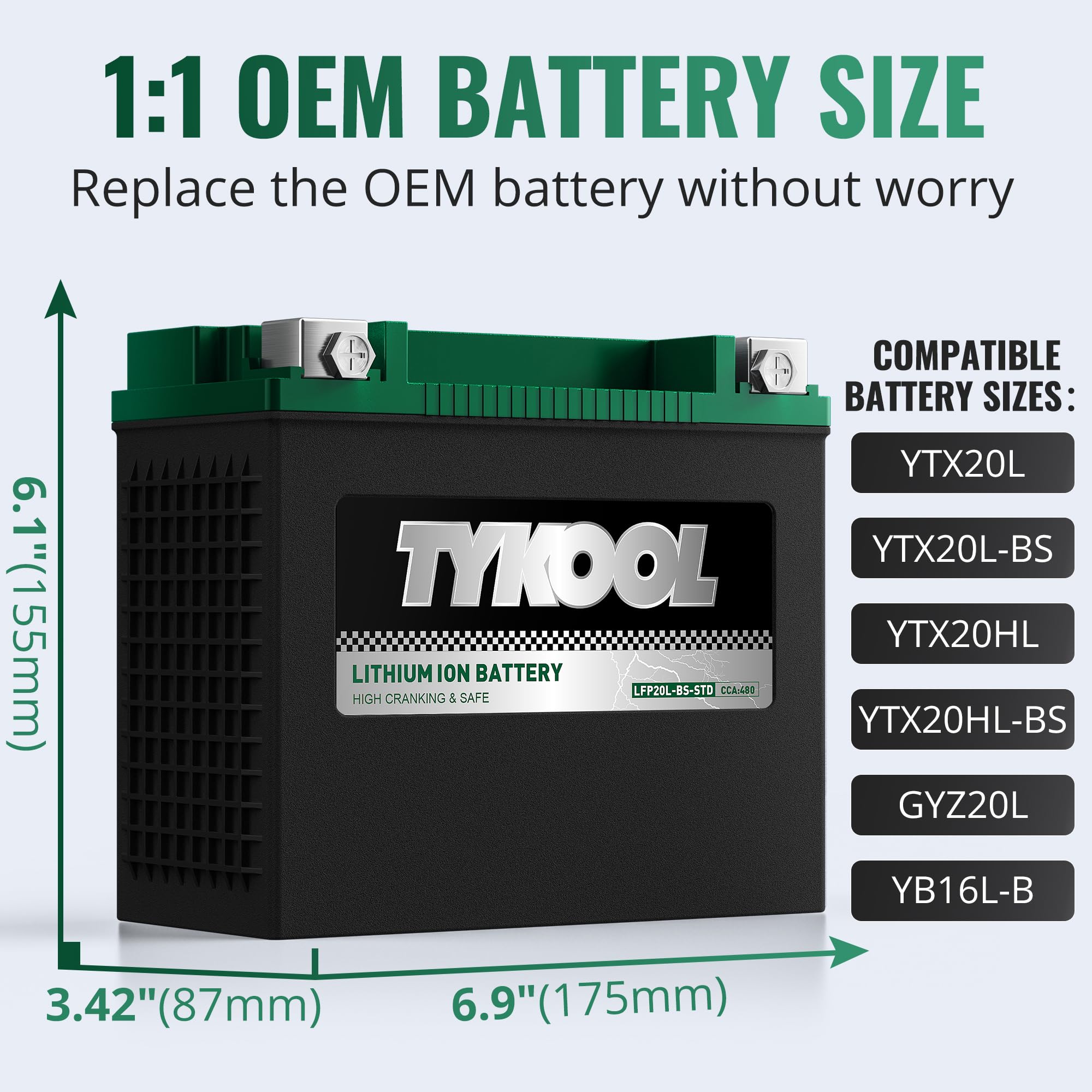 TYKOOL LFP20L-BS-STD dimensions shown for precise fit