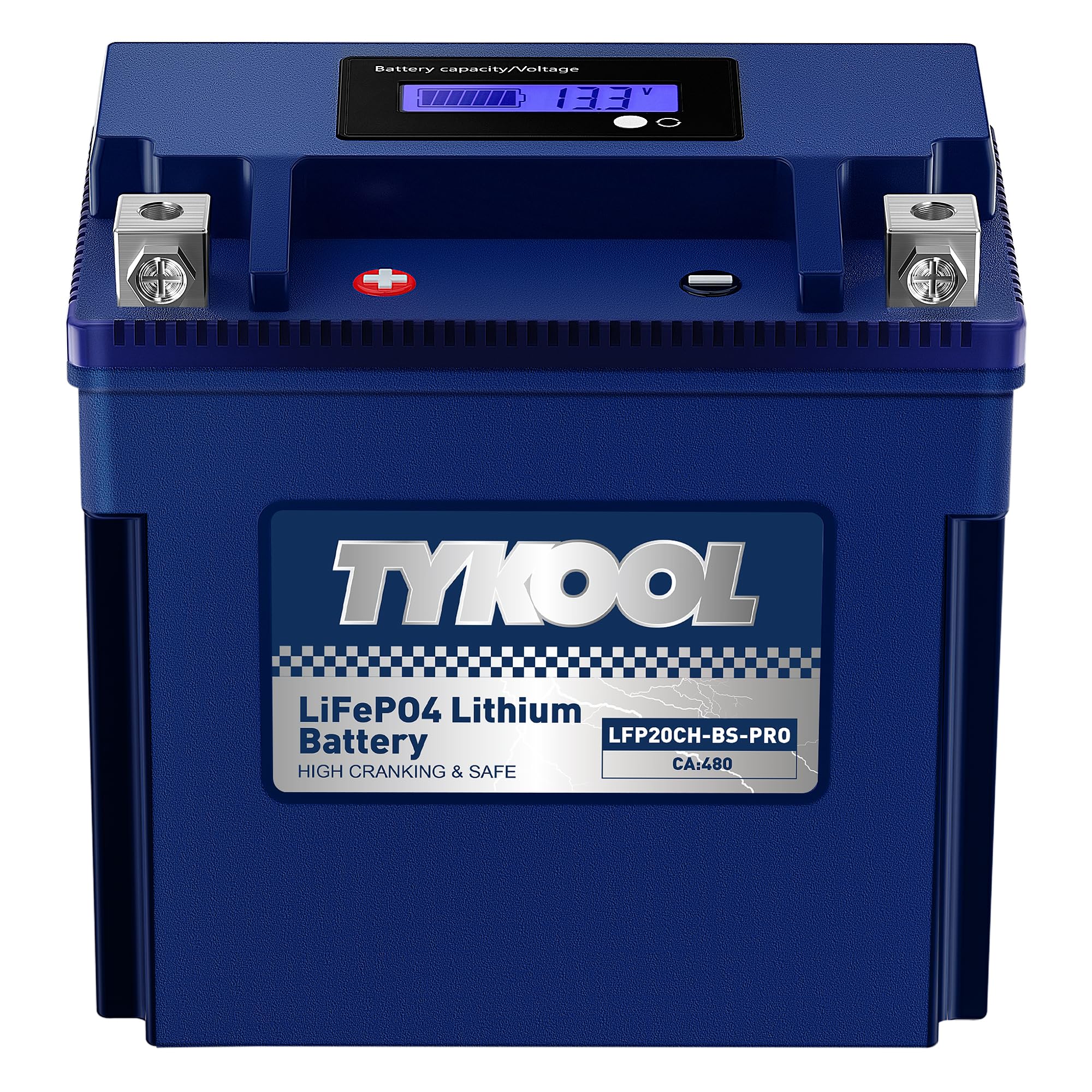 TYKOOL YTX20CH-BS battery front view, compact 12V design for easy installation