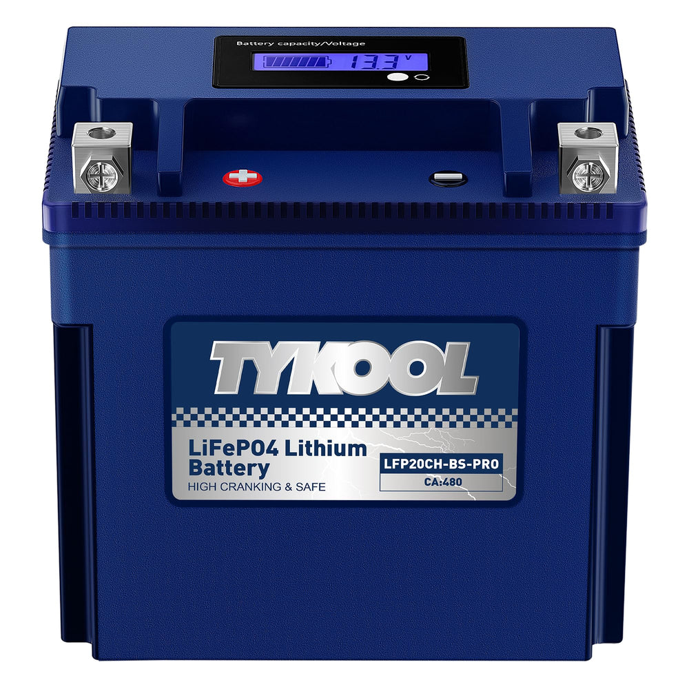 TYKOOL YTX20CH-BS battery front view, compact 12V design for easy installation