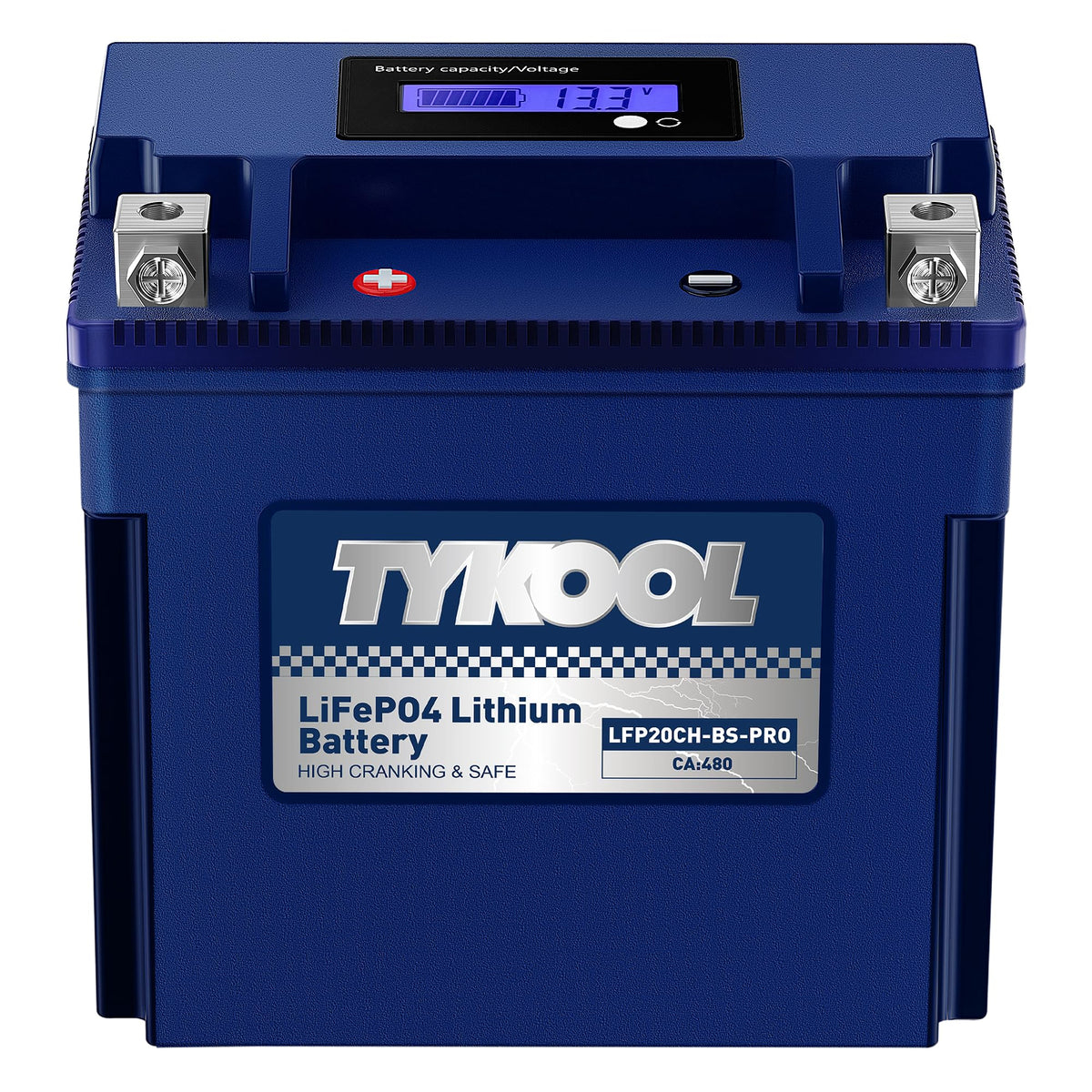 TYKOOL YTX20CH-BS battery front view, compact 12V design for easy installation