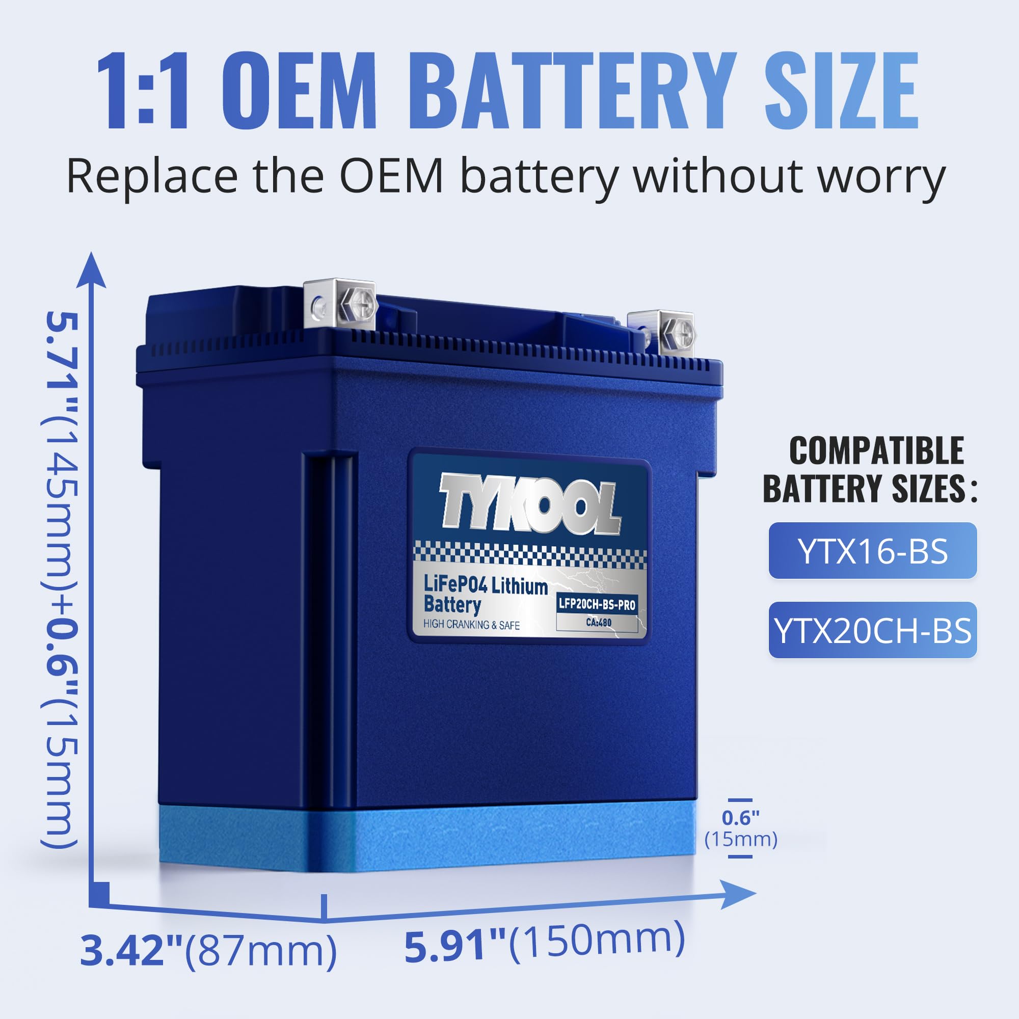 TYKOOL YTX20CH-BS battery side view highlighting lightweight power