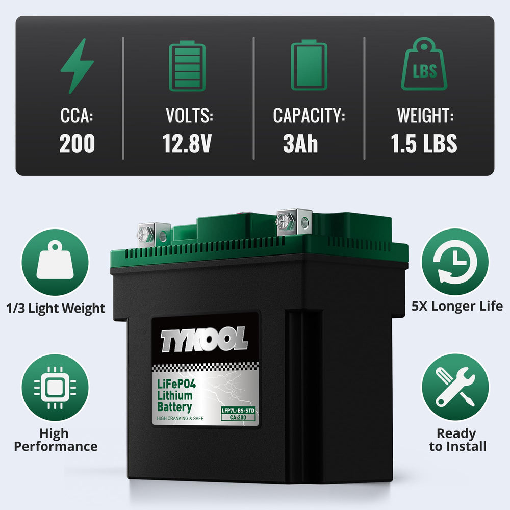 TYKOOL YTX7L-BS-STD with built-in BMS protection.