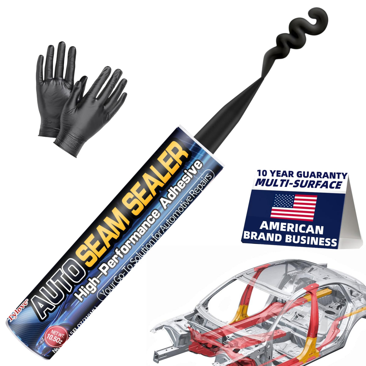 Tylove seam sealer black tube front view shows compact packaging for quick repairs