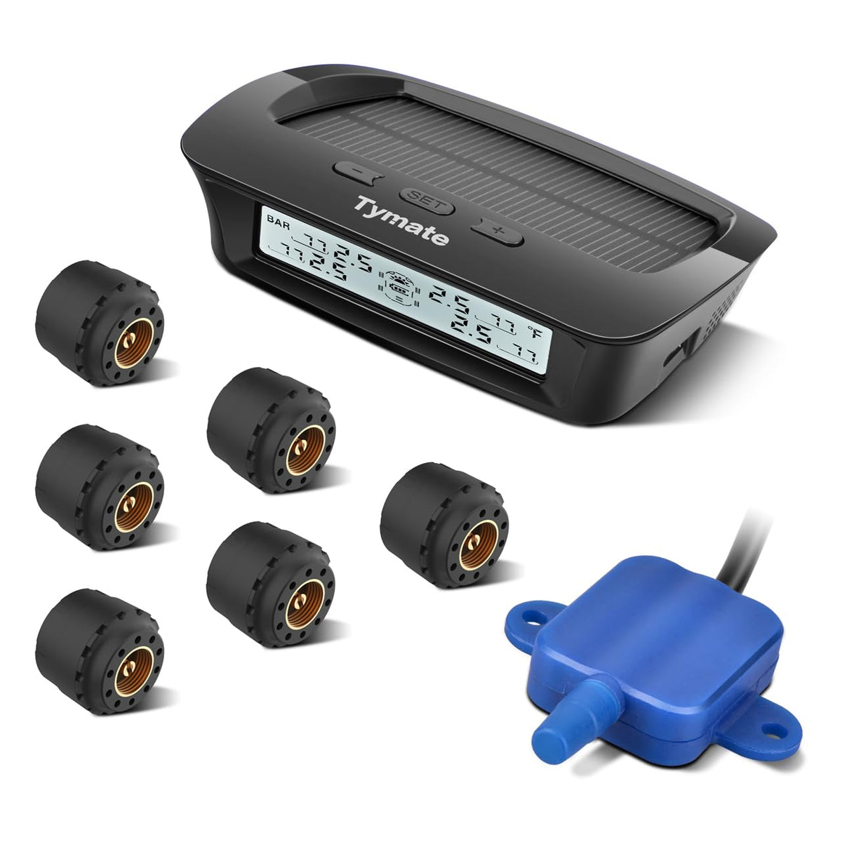 Tymate M12-3 dashboard display shows tire pressure readings clearly