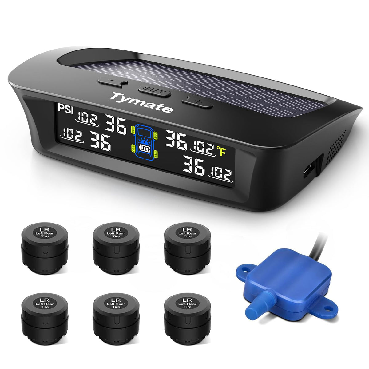 Tymate M12-3 color display shows real-time tire data for six tires.